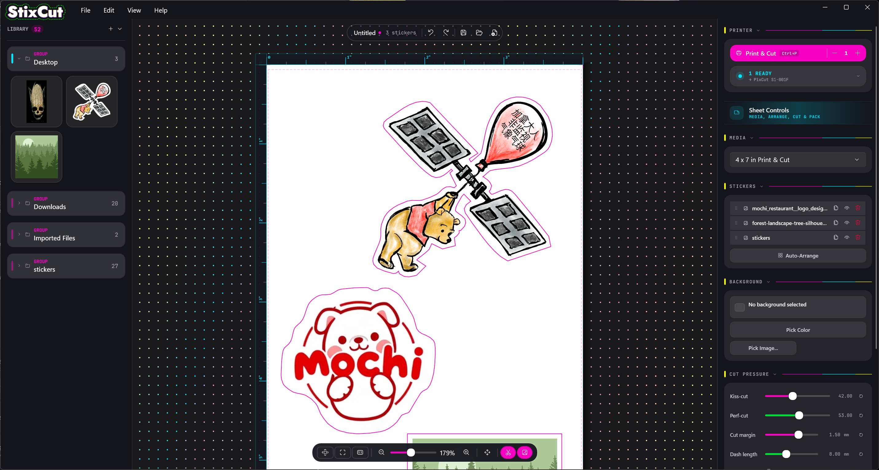 StixCut for Windows showing a sticker sheet and library in dark mode