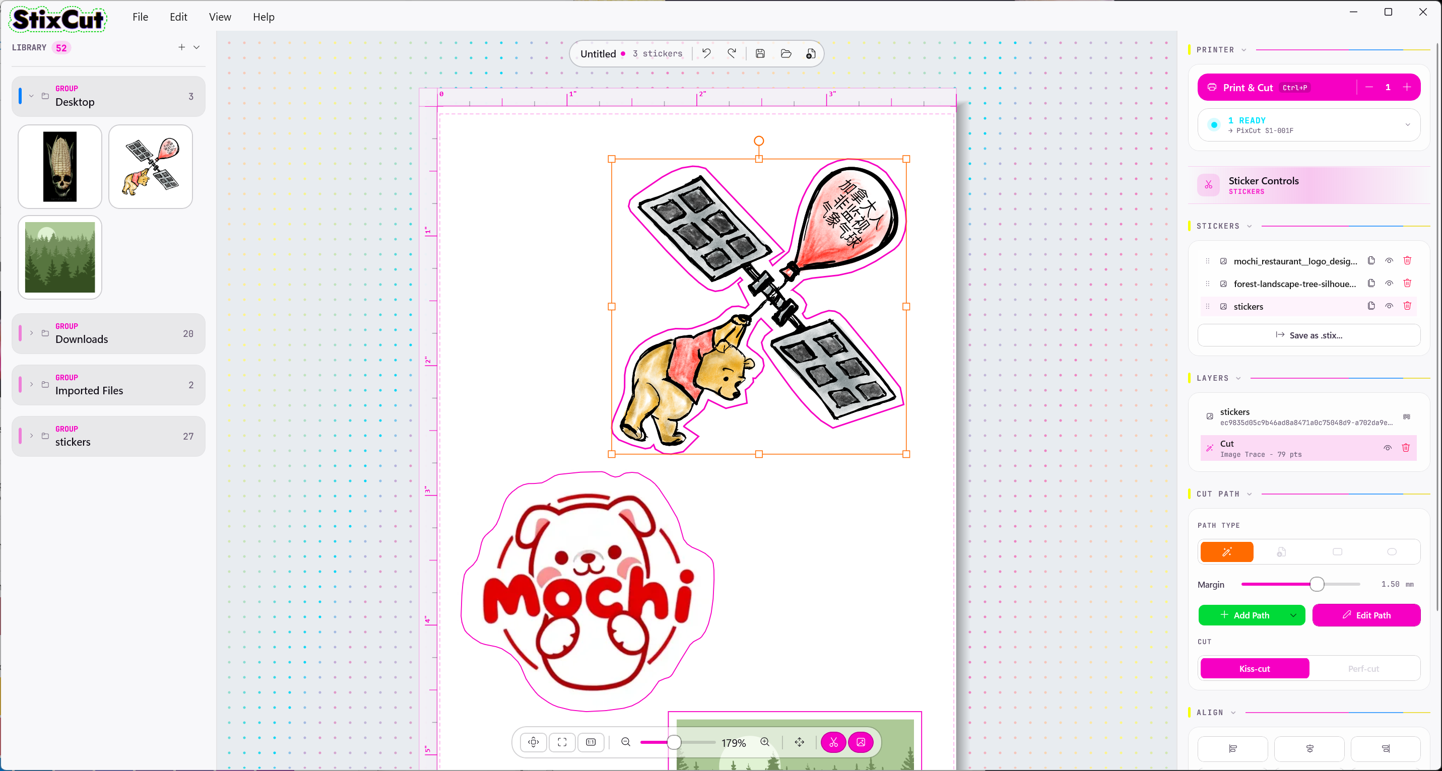 StixCut for Windows showing a sticker sheet and library in light mode